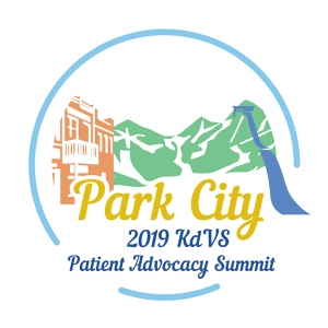 Summit Logo 2x2 2019 KdVS Patient Advocacy Summit Logo with Title Park City and picture of building mountains